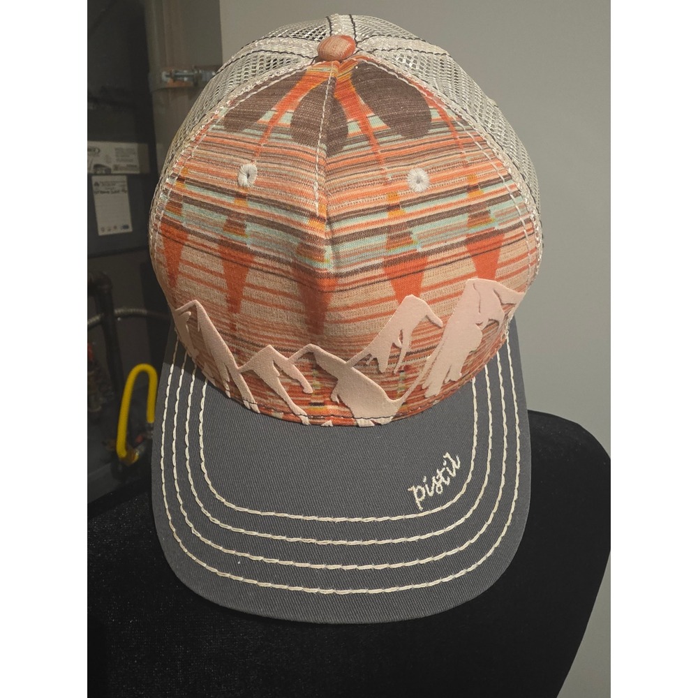 Pistil Womens Mountain Graphic Trucker Hat Orange Grey Southwest Snapback Cap